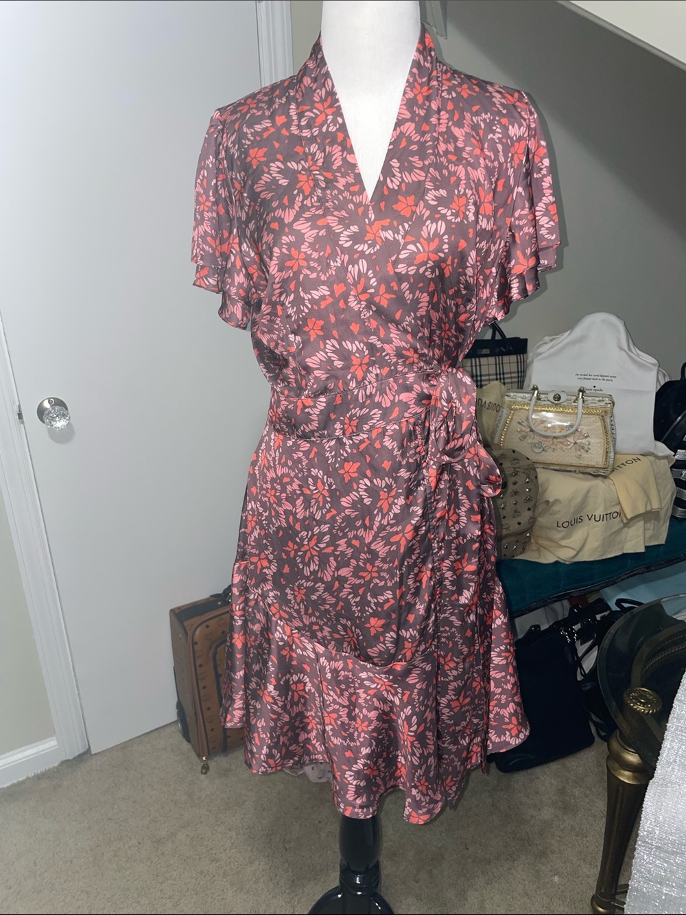 Silky Floral Wrap Dress in summer Brown and Mauve Pink